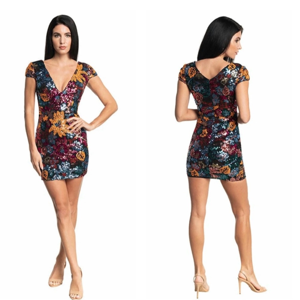 Dress The Population Zoe Sequin Dress in Tangelo Multi Size Medium